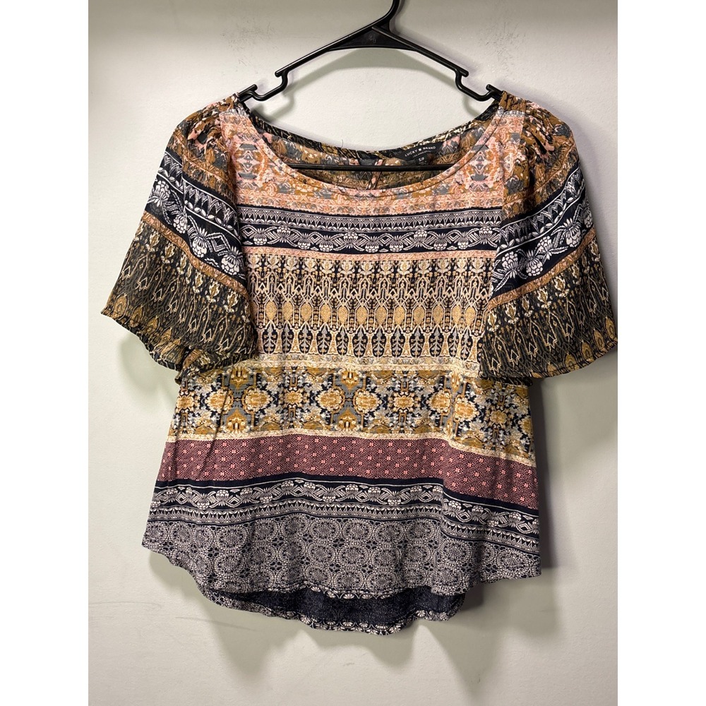 Lucky Brand Boho Print Flutter Sleeve Keyhole Back Top Small Sheer Sleeve